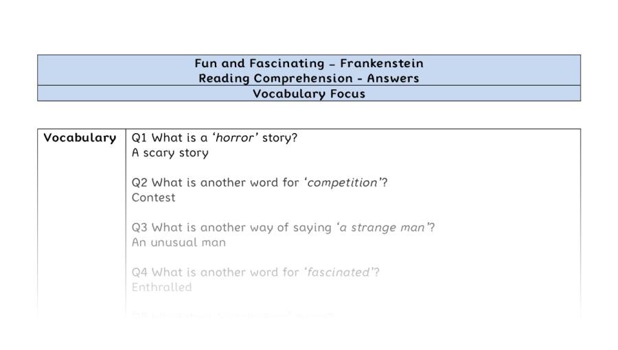 Reading Comprehension-Frankenstein-vocabulary-answers
