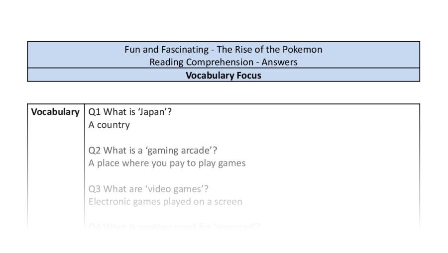 Reading Comprehension - The Rise of the Pokemon - Highlight Series 1 - Vocabulary Focus-answers