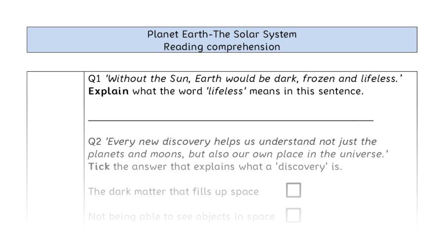 Reading comprehension VRSIPE - The Solar System