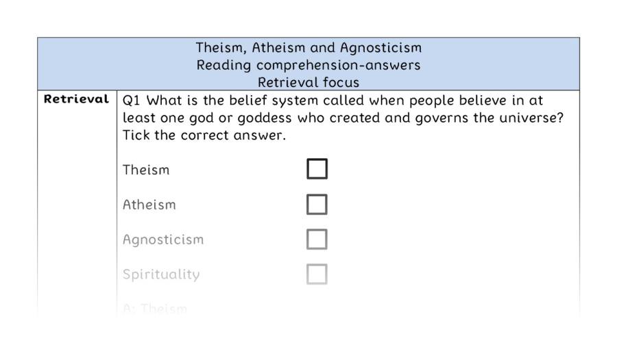 Reading comprehension - retrieval - Theism, Atheism and Agnosticism - answers