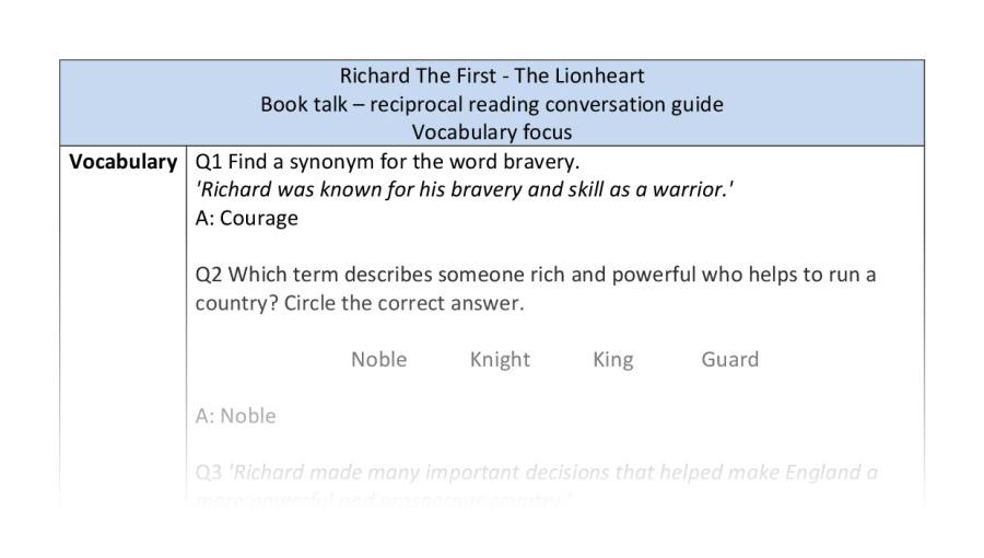 Reciprocal reading - vocabulary - Richard The First - The Lionheart