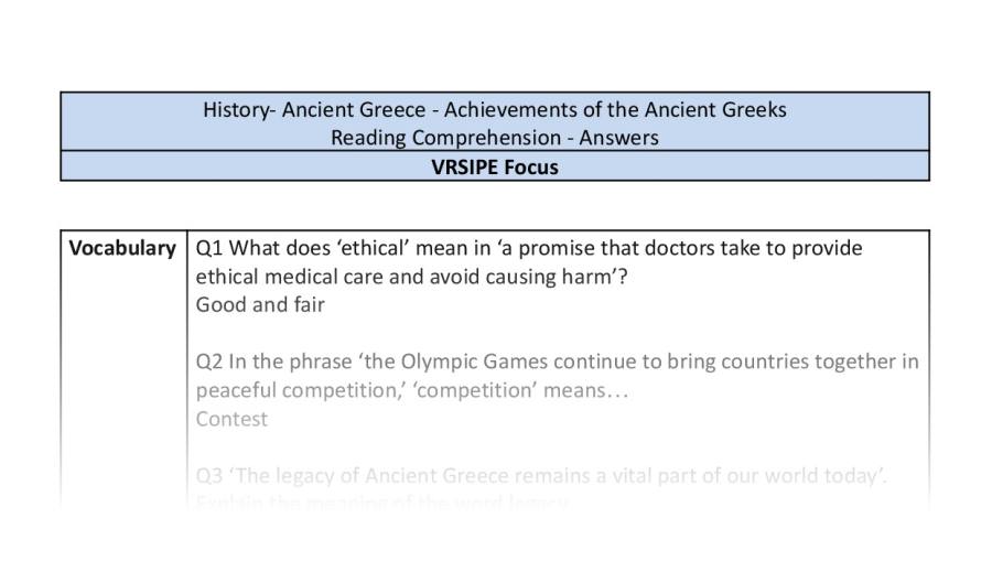 Reading Comprehension - Achievements of the Ancient Greeks - VRSIPE Focus