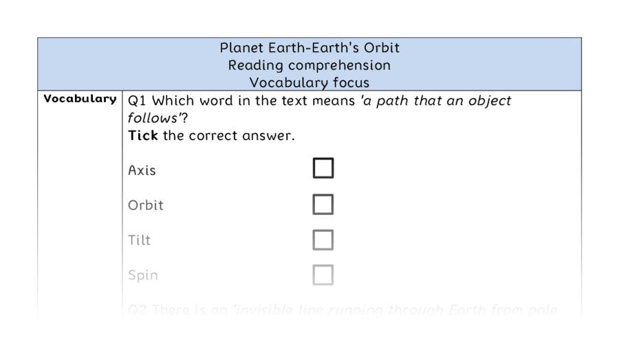 Reading comprehension - vocabulary - Planet Earth-Earths Orbit