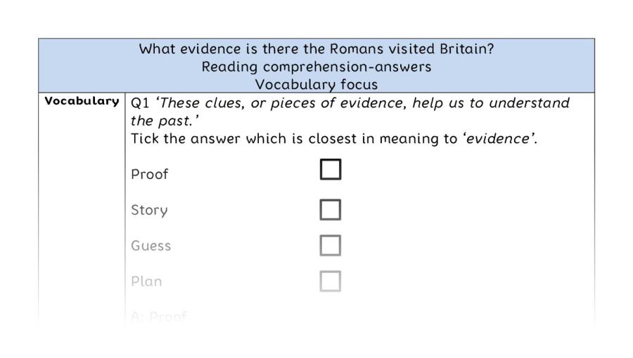 Reading comprehension - vocabulary-evidence the Romans visited Britain - answers