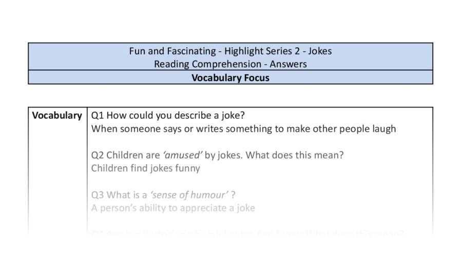 Reading Comprehension - Jokes - Highlight Series 2 - Vocabulary Focus