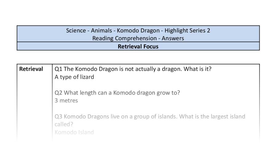 Reading Comprehension - Komodo Dragon - Highlight Series 2 - Retrieval Focus