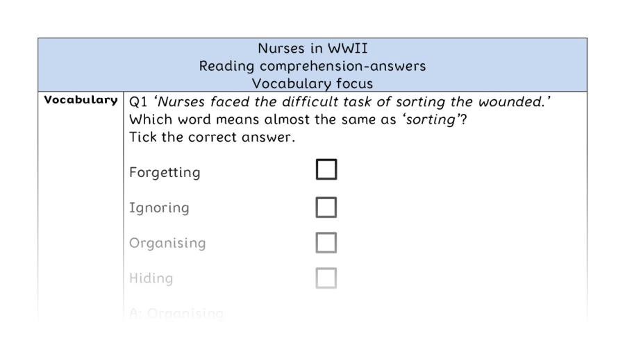 Reading comprehension - vocabulary - Nurses in WWII - answers