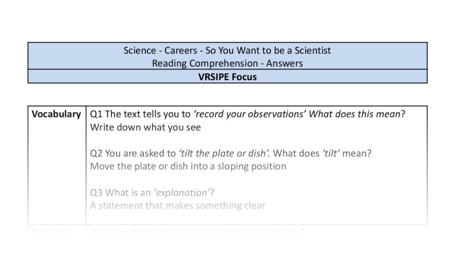 Reading Comprehension-So You Want to be a Scientist-VRSIPE Focus-answers