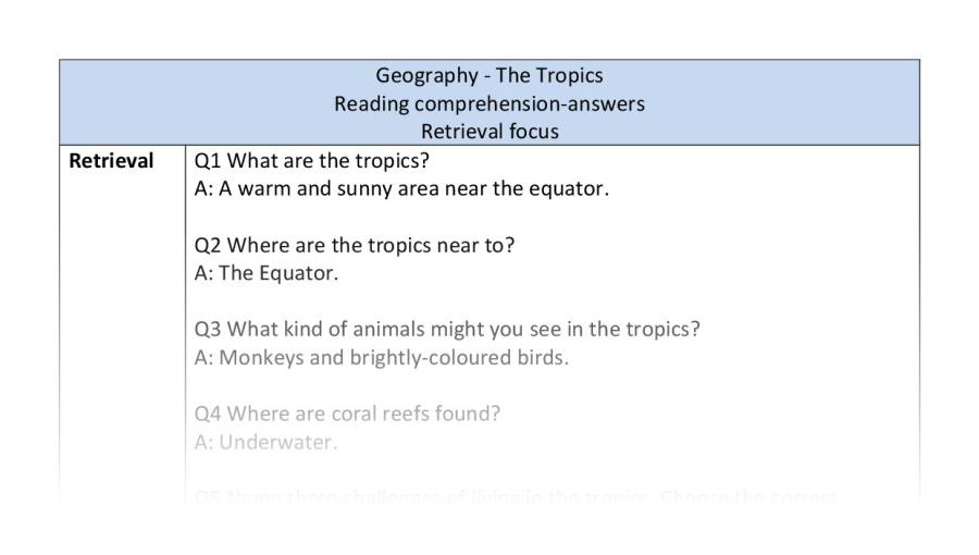 Reading comprehension - retrieval - Geography - The Tropics