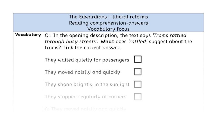 Reading comprehension - vocabulary - The Edwardians - liberal reforms - answers
