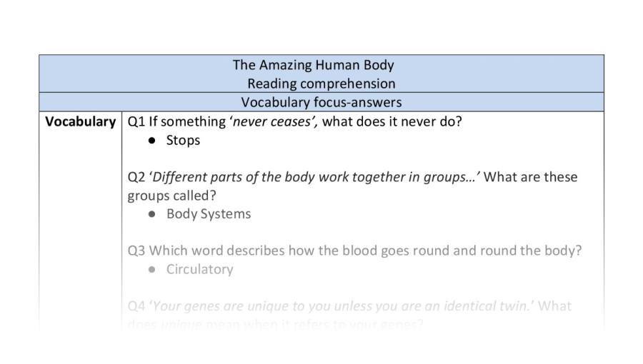 Reading comprehension-vocabulary-the amazing human body