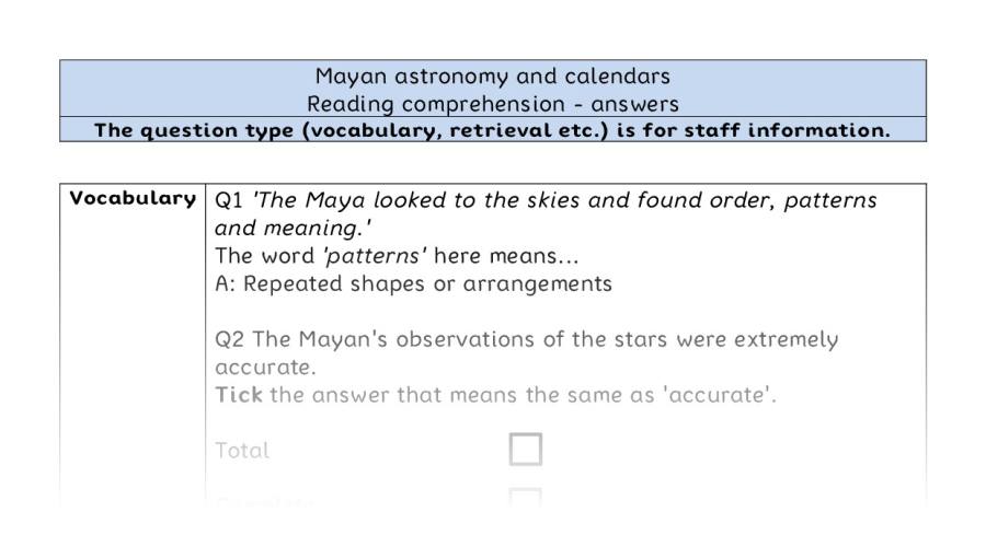 Reading comprehension VRSIPE - Mayan astronomy and calendars - answers