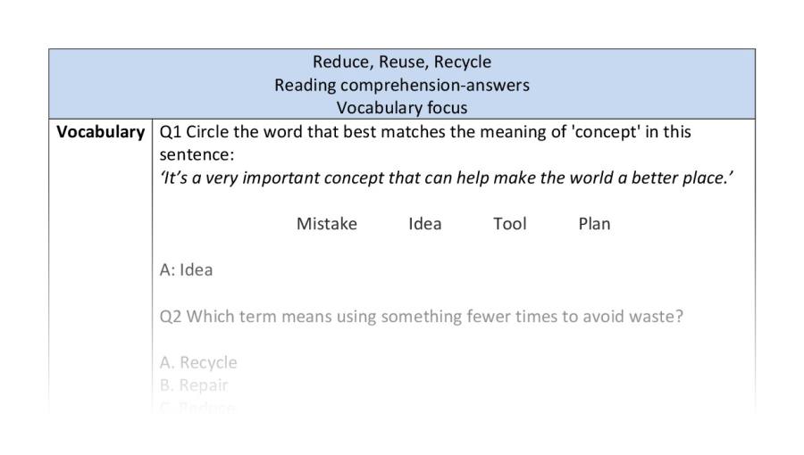 Reading comprehension - vocabulary - Reduce, Reuse, Recycle