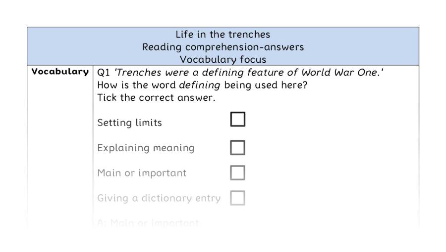 Reading comprehension - vocabulary - Life in the trenches - answers