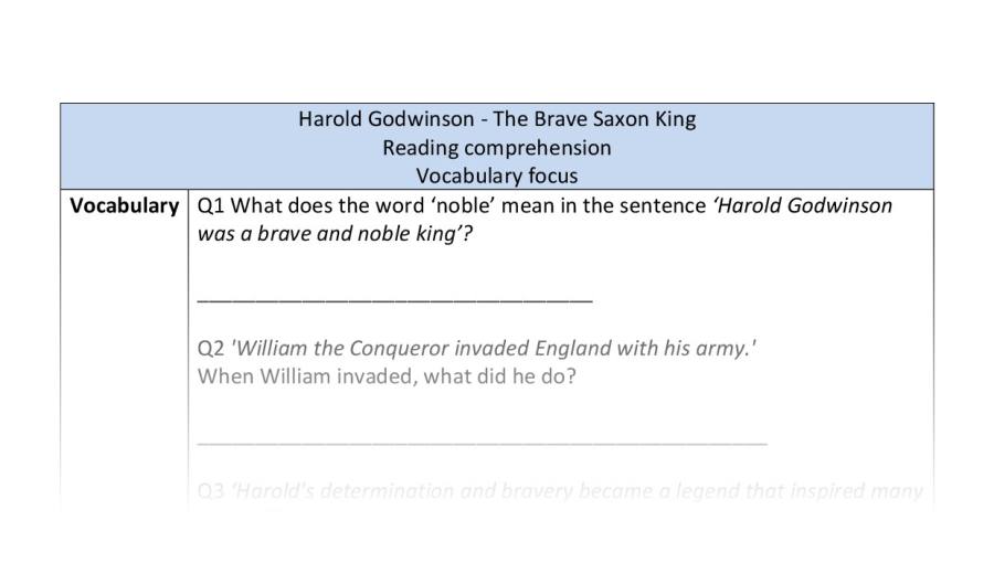 Reading comprehension - vocabulary - Harold Godwinson - The Brave Saxon King