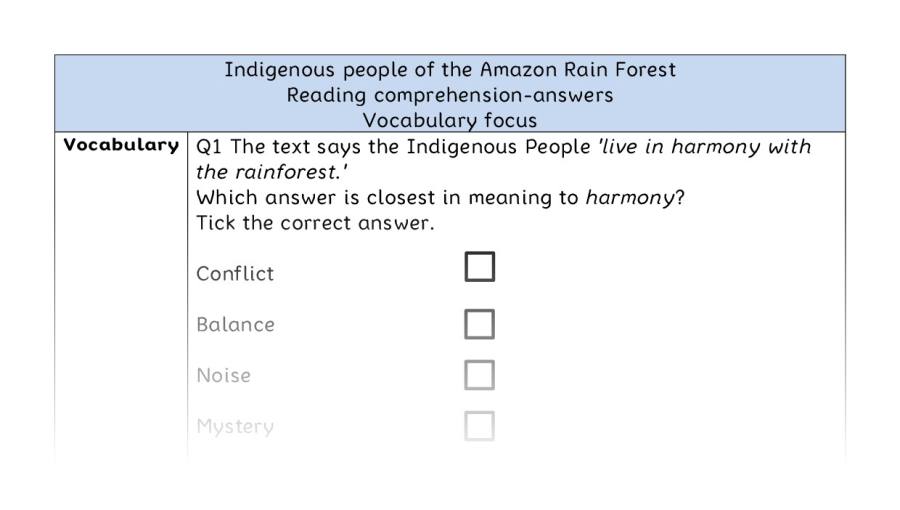 Reading comp-vocab-Indigenous people of the Amazon Rain Forest - answers