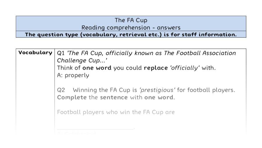 Reading comprehension - VRSIPE - The FA Cup - answers