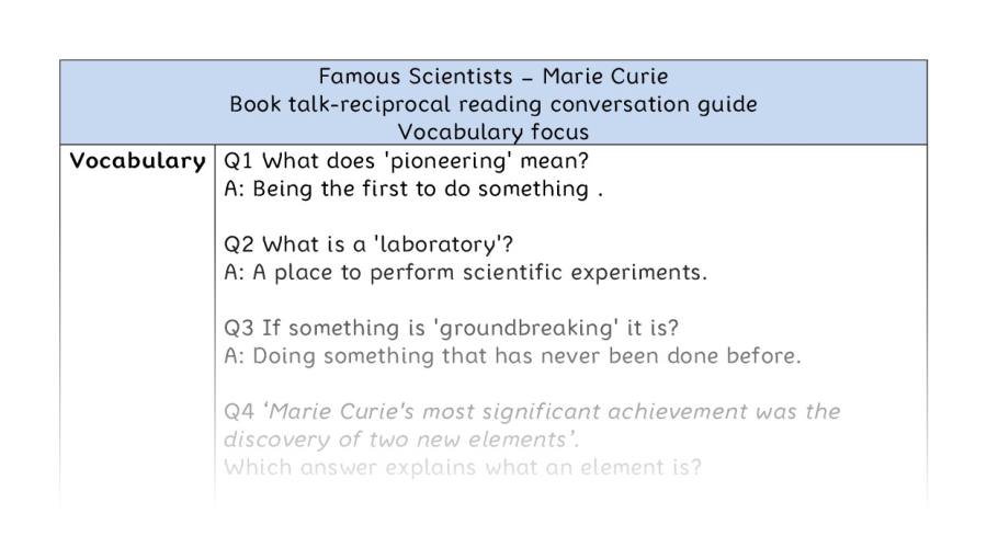 Reciprocal reading - vocabulary -Marie Curie