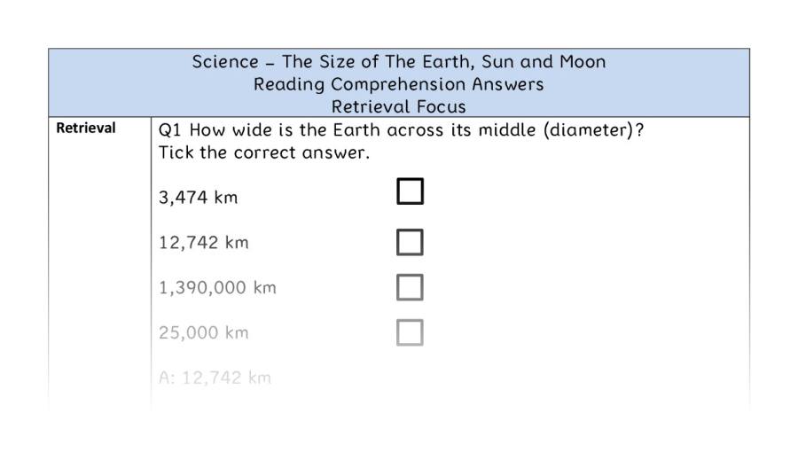 The Size of The earth, Sun and Moon - Reading Comprehension Answers - Retrieval Focus