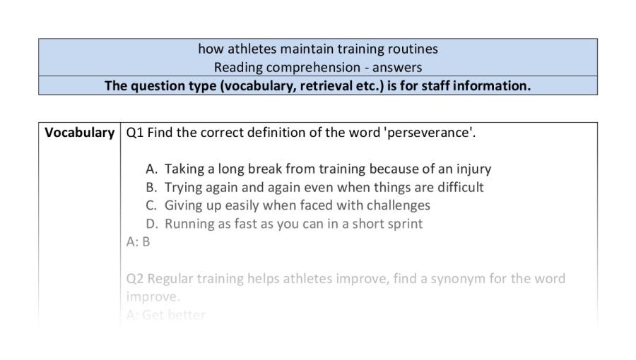 Reading comprehension - VRSIPE - how athletes maintain training routines