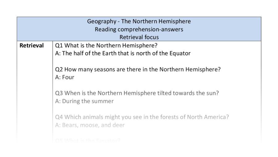 Reading comprehension - retrieval-the northern hemisphere
