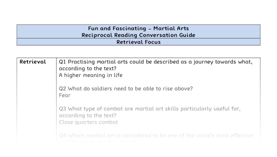 Reciprocal Reading Conversation - Martial Arts - Year 7 - Retrieval Focus