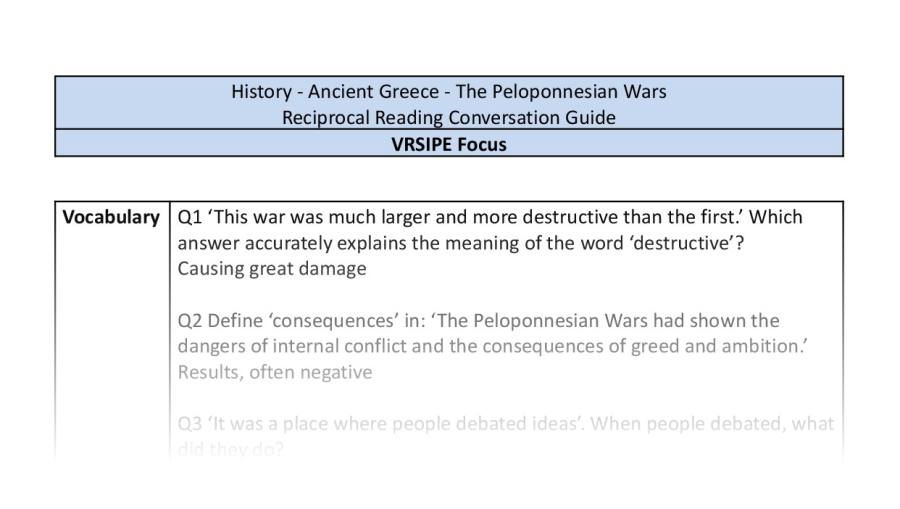 Reciprocal Reading Conversation - The Peloponnesian Wars - VRSIPE Focus