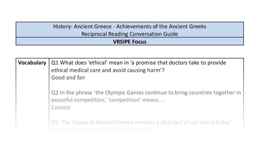 Reciprocal Reading Conversation - Achievements of the Ancient Greeks - VRSIPE Focus