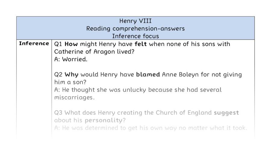 Reading comprehension - Henry VIII - inference - answers