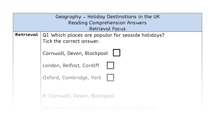 Holiday Destinations in the UK - Reading Comprehension Answers - Retrieval Focus
