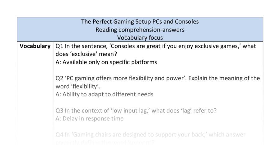 Reading comp-vocabulary-The Perfect Gaming Setup PCs and Consoles - answers