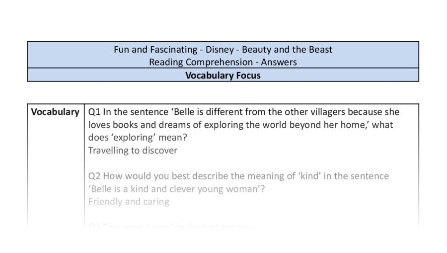 Reading Comprehension - Beauty and the Beast (2017) A Tale and Old as Time - Vocabulary Focus