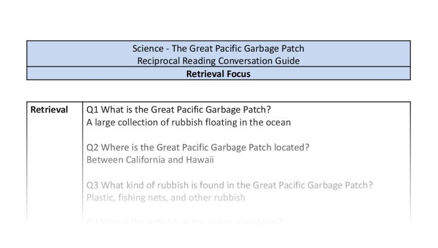 Reciprocal Reading Conversation - The Great Pacific Garbage Patch - Retrieval Focus