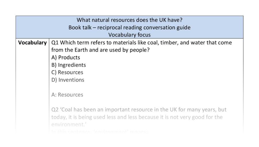 Reciprocal reading - vocabulary - What natural resources does the UK have
