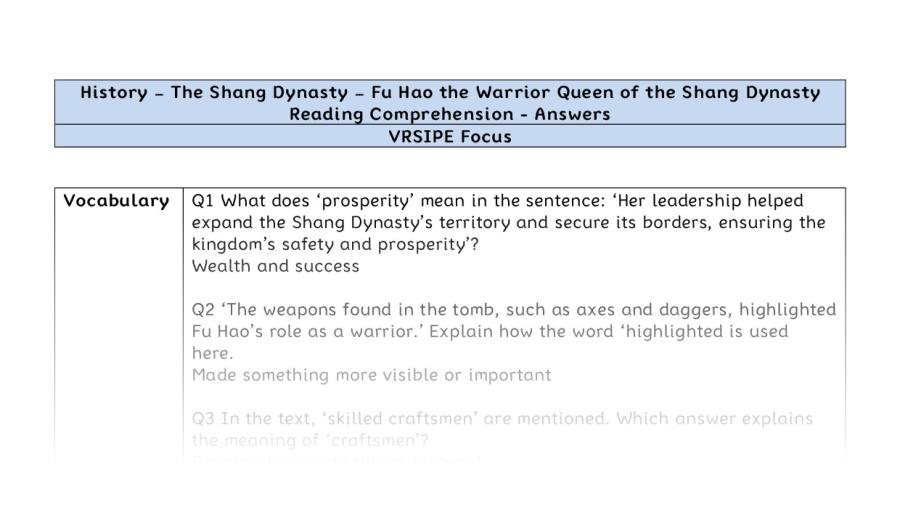 Reading Comprehension - Fu Hao the Warrior Queen of the Shang Dynasty - VRSIPE Focus