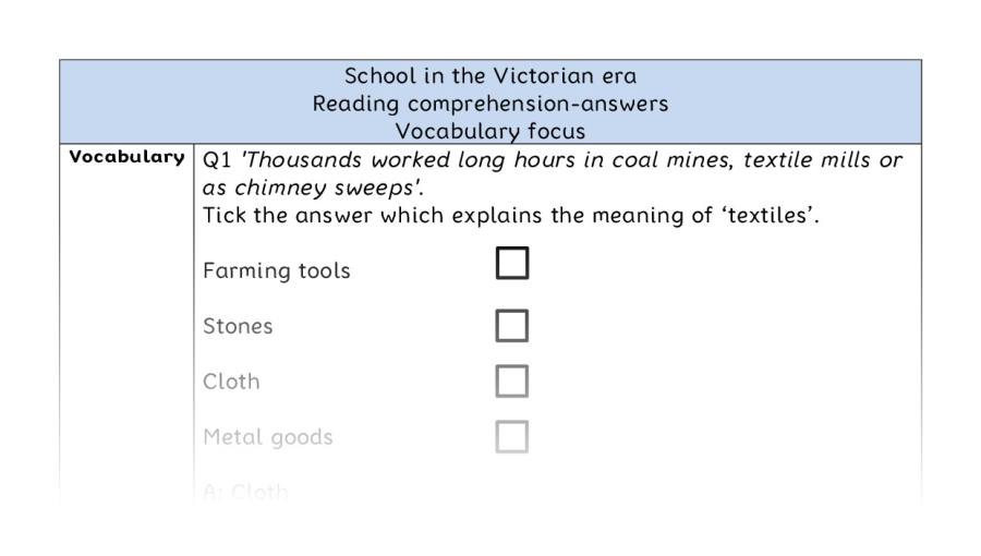 Reading comprehension - vocabulary - School in the Victorian era - answers