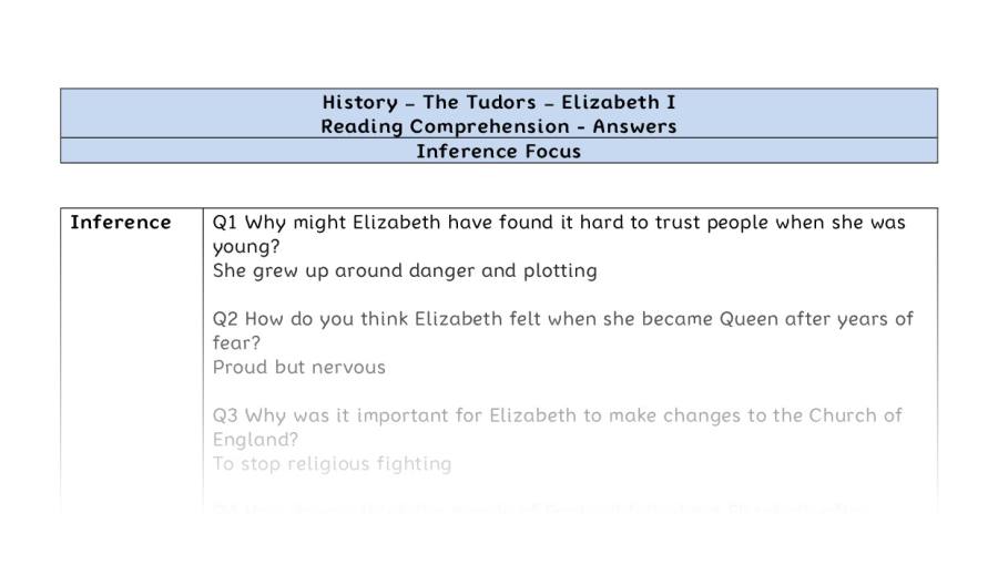 Reading comprehension - Elizabeth I - inference-answers
