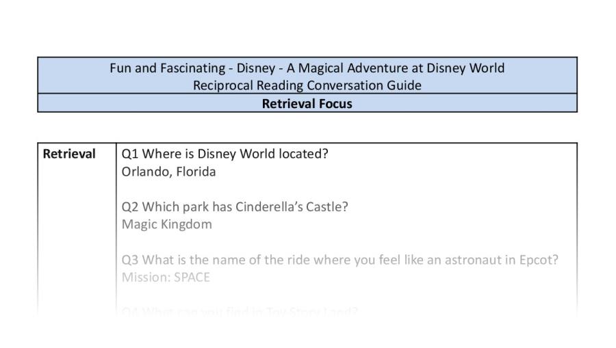 Reciprocal Reading Conversation - A Magical Adventure at Disney World - Retrieval Focus