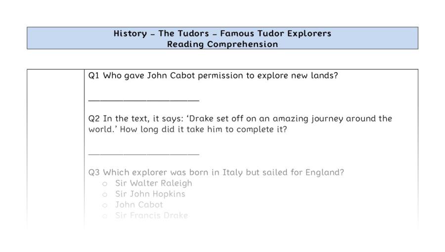Reading comprehension - famous Tudor explorers - retrieval
