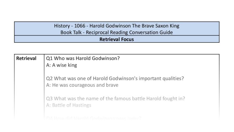 Reciprocal Reading Conversation - Harold Godwinson The Brave Saxon King - Retrieval Focus