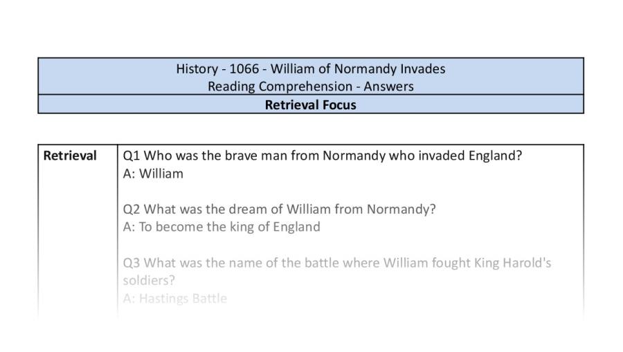 Reading Comprehension-William of Normandy Invades-retrieval Focus-answers