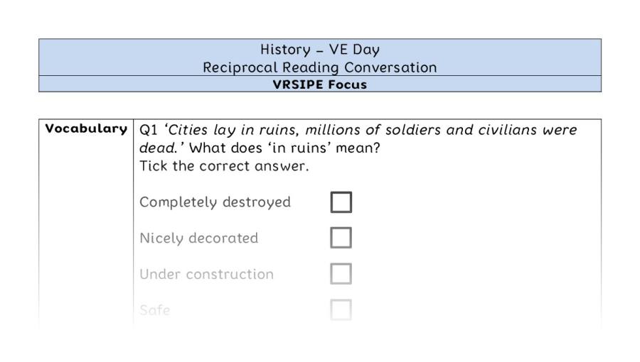 VE Day - Reciprocal Reading Conversation - VRSIPE Focus