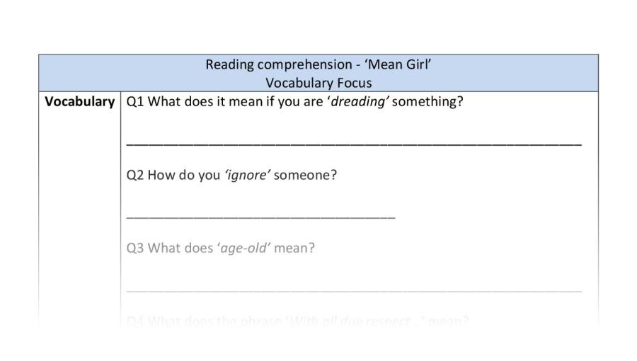 Reading comprehension-Mean Girl-vocabulary