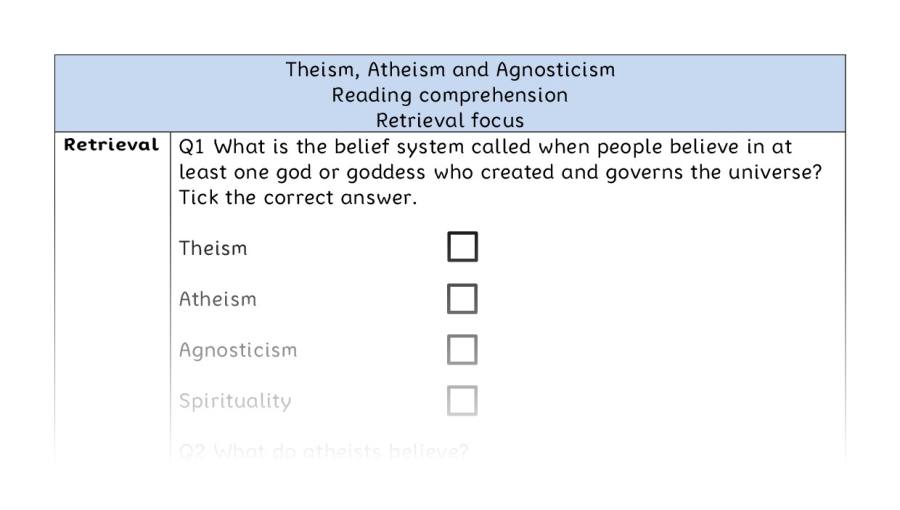 Reading comprehension - retrieval - Theism, Atheism and Agnosticism