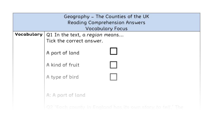 The Counties of the UK - Reading Comprehension Answers - Vocabulary Focus