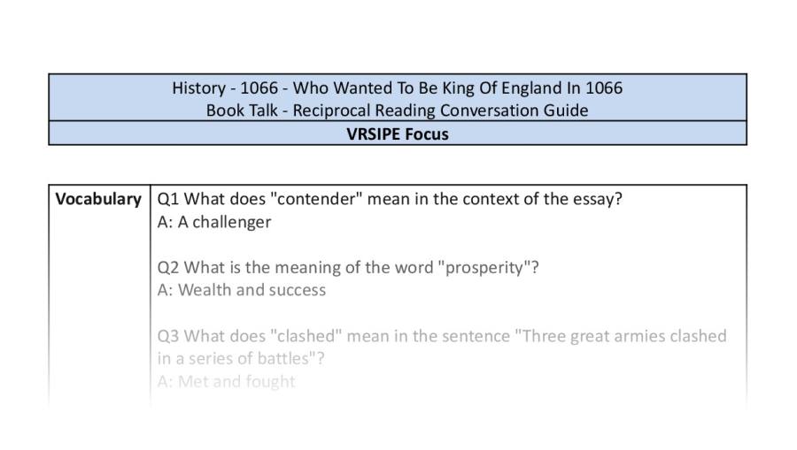 Reciprocal Reading Conversation - Who Wanted To Be King Of England In 1066 - VRSIPE Focus