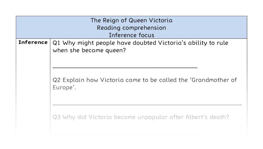 Reading comprehension - inference - The Reign of Queen Victoria