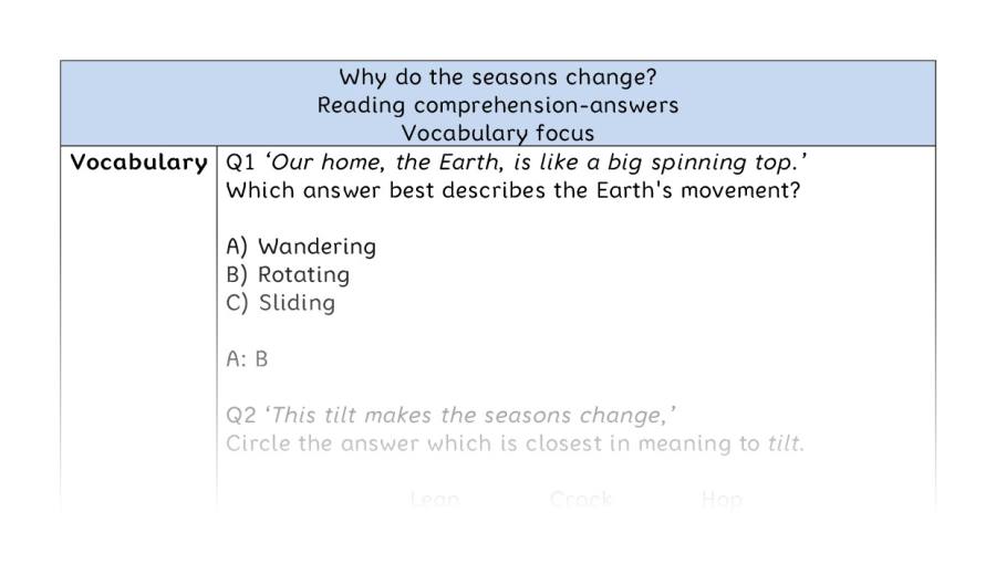 Reading comprehension - vocabulary - Why do the seasons change - answers