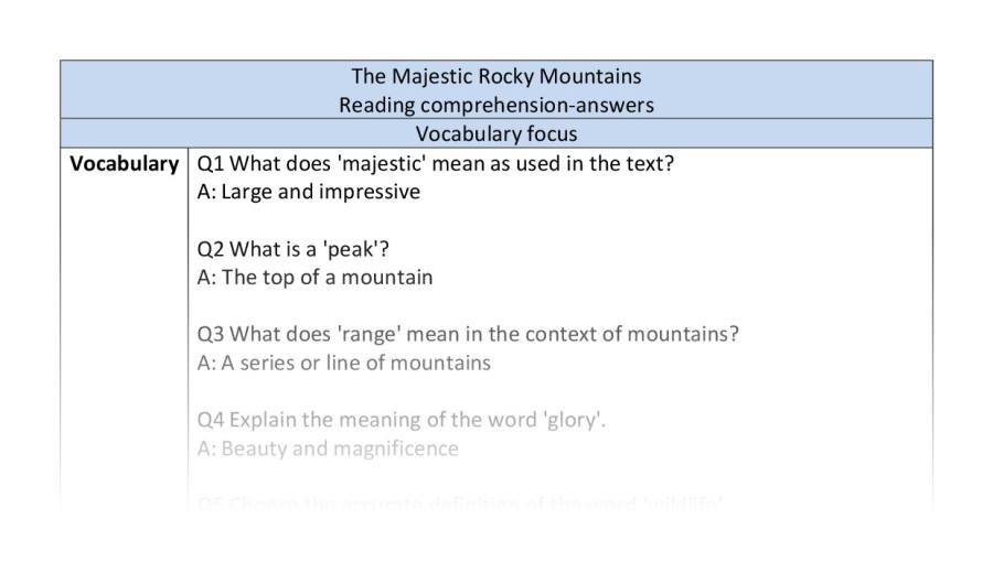 Reading comprehension - The Majestic Rocky Mountains - vocabulary
