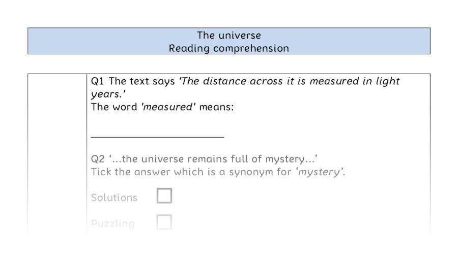 Reading comprehension - VRSIPE - The universe